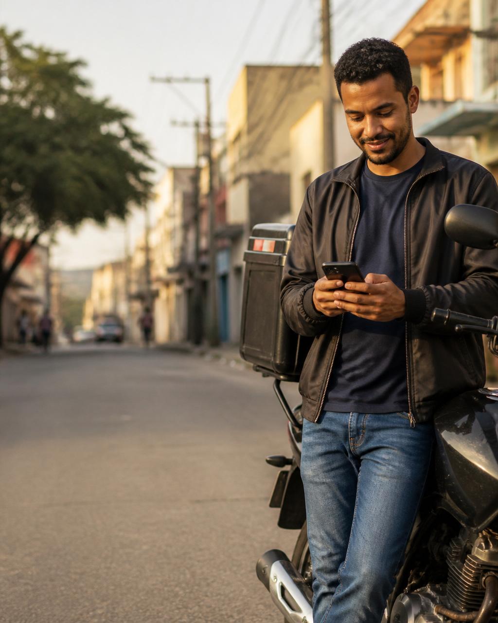 Microempreendedor individual brasileiro ao lado do veículo de trabalho, com celular na mão em ambiente urbano